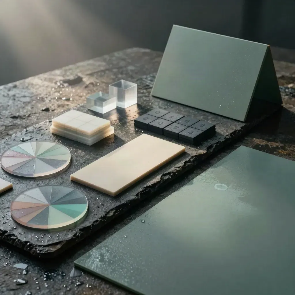 Math tools on dark stone, fraction circles and tiles in moody morning rain light.