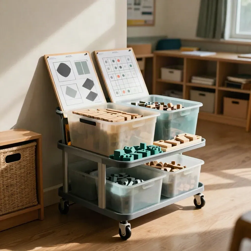 Teacher prep cart with math bins, concept boards, and manipulatives in a sunlit classroom aisle.