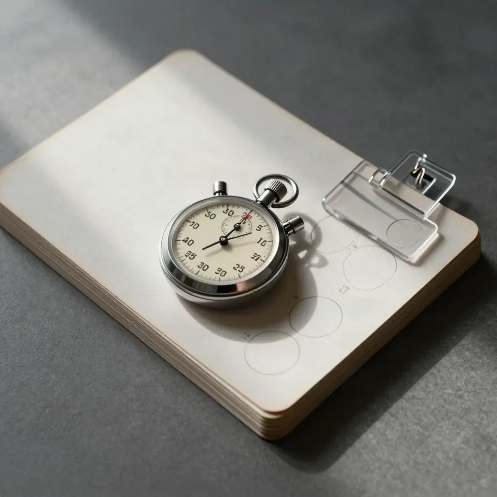 Overhead math practice kit with stopwatch, flashcards, and marked circles on a dark surface.