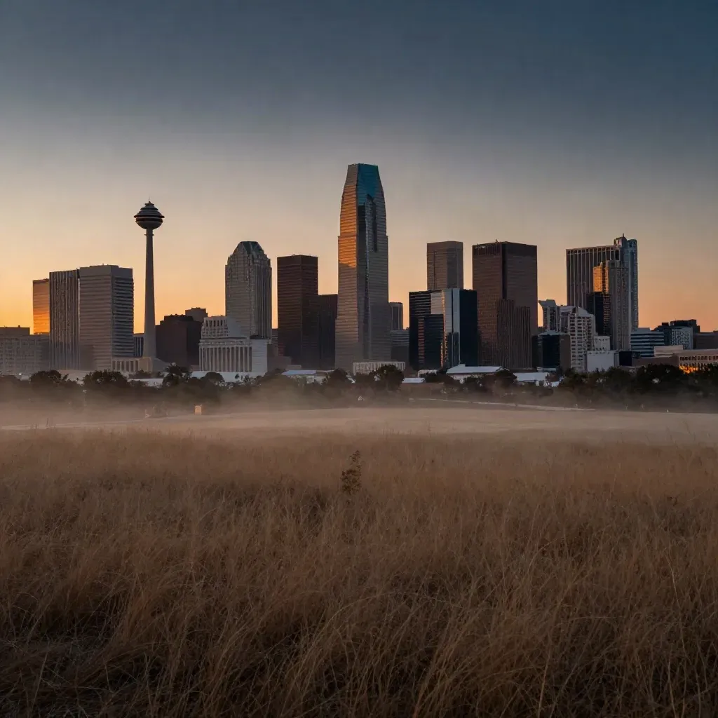 Dallas skyline with Reunion Tower above a calm prairie foreground at sunset.