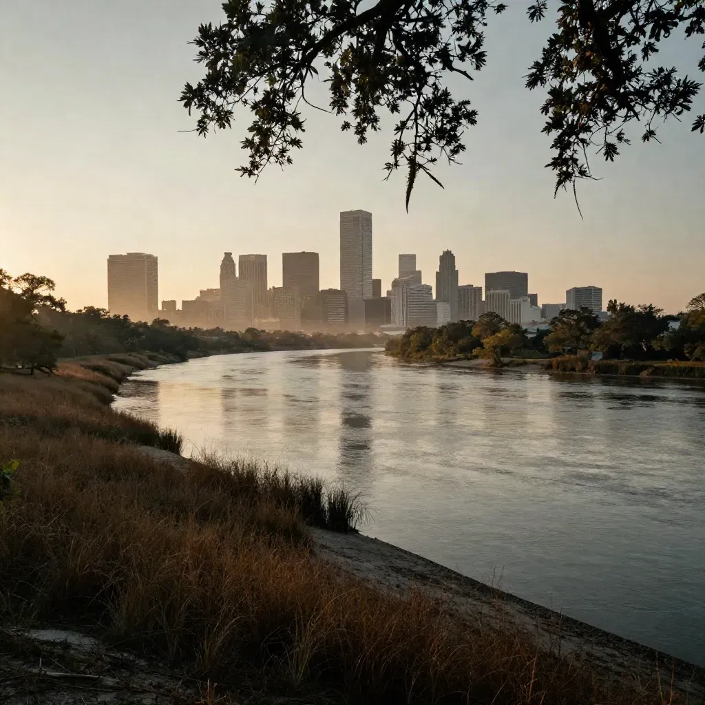 Houston skyline over a hazy bayou bend with open reflective water and live oaks at dusk