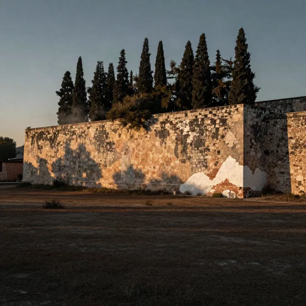 Sunlit Mission San José limestone walls above a calm open foreground with cypress trees